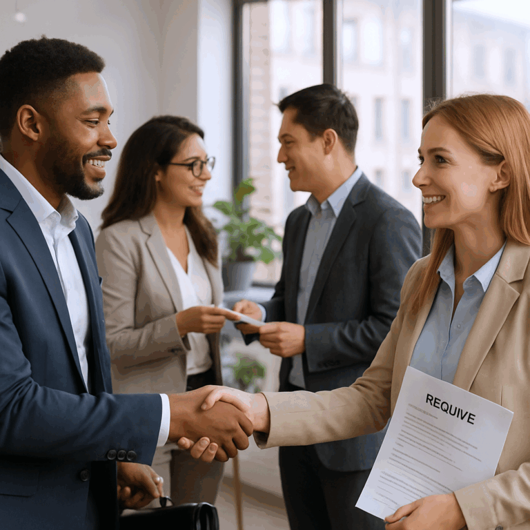 Diverse professionals networking and shaking hands in a modern office setting, exchanging business cards with subtle job search elements like resumes and briefcases in the background.